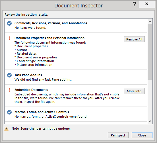 The Document Inspector dialog box is shown with the option to Remove All