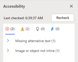 The Accessibility pane in Word for the web app showing accessibility issues.