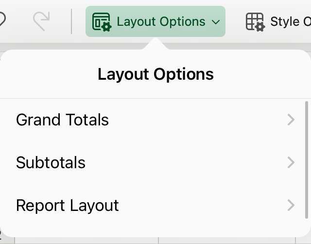 PivotTable layout dropdown on iPad.