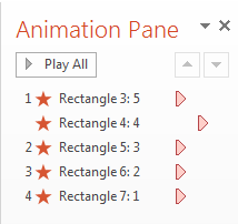 Clickn ANIMATIONS, and then Animation Pane to show the Animation Pane. The number to the right of the colon reflects the number in the rectangle.