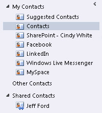 Contacts folders in the Navigation Pane