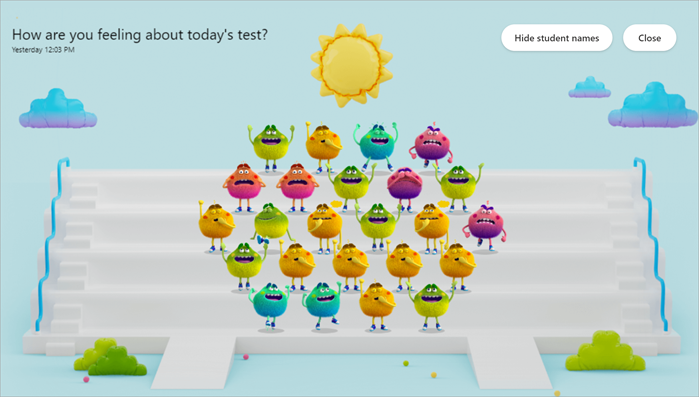 a class of Feelings Monsters illustrating various emotions stands on accessible bleachers. Feelings monsters range in color from teal to yellow to pink and purple. In this view it is clear that many of the students are feeling tired. 