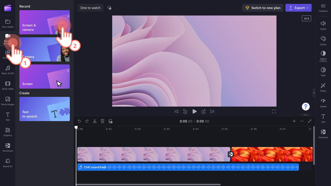 Video editor showing where to find the screen and camera recording buttons