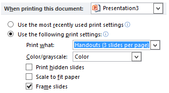 Set default print settings for a specific presentation