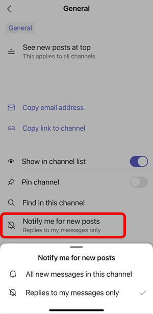 iOs channel notifications selected