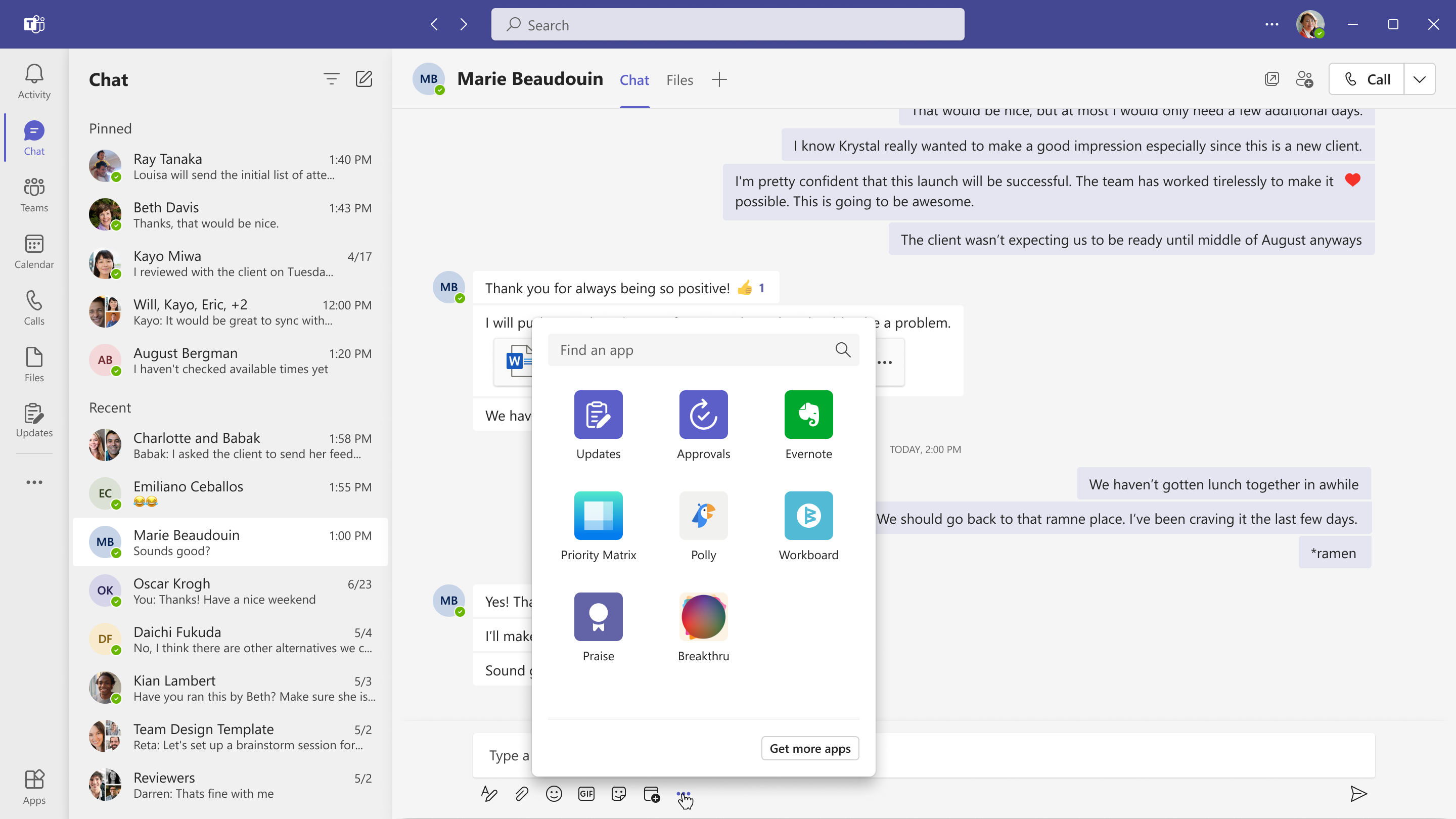Desktop showing message extension in Updates app in Microsoft Teams