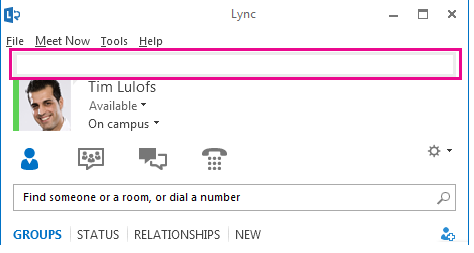 Screenshot of top of Lync main window with personal note field highlighted
