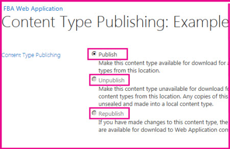 On the Content Types Publishing page in a hub site you can publish, unpublish, or republish a content type.