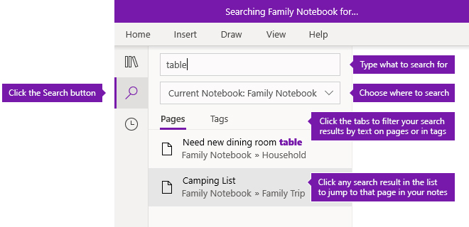 Search pane options in OneNote for Windows 10