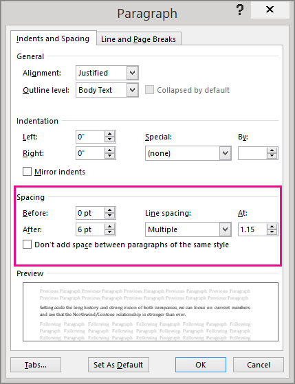 The Spacing options are highlighted in the Paragraph dialog box.