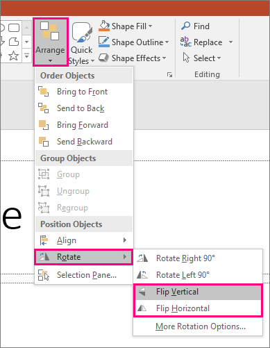 Shows the Arrange > Rotate > Flip options in PowerPoint.