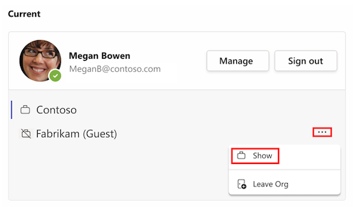 A red box highlights More options beside a guest org in account settings. A second red box highlights the show option.