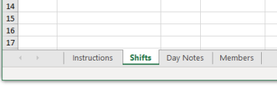 Import-compatible Excel workbook, Shifts tab