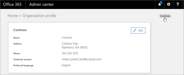 Click the name of your business in the top right corner of the admin center.