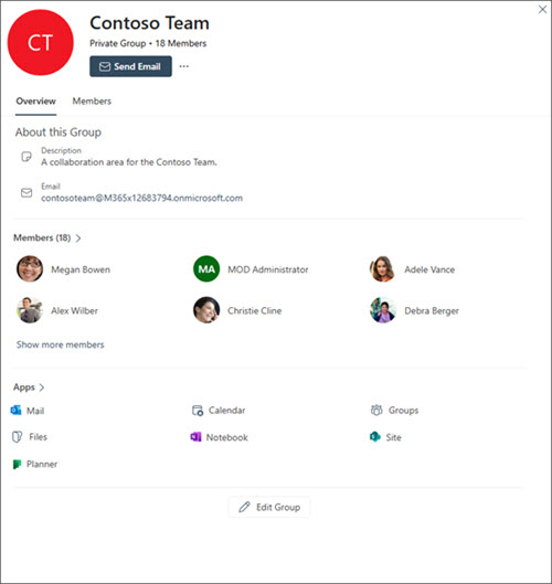 Image of a group card in Outlook