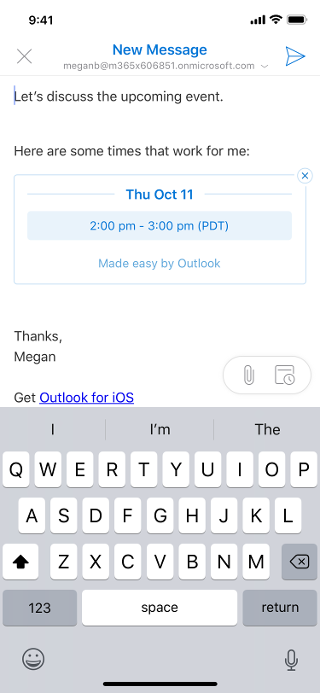 Shows an email draft on an iOS screen. The email lists a date and time that the sender is available.