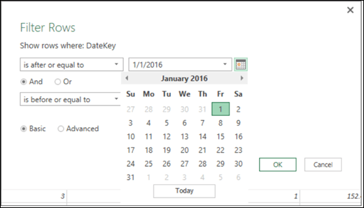 Excel Power BI Date Picker support for input Date values in Filter Rows and Conditional Columns dialogs