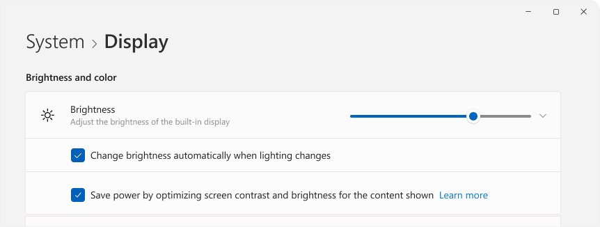 screenshot of Settings showing brightness control.