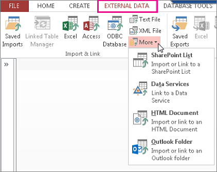 External data tab options in Access