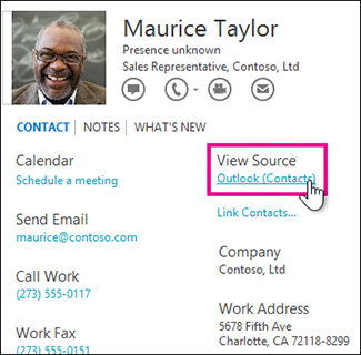 The Outlook View Source link in a contact card