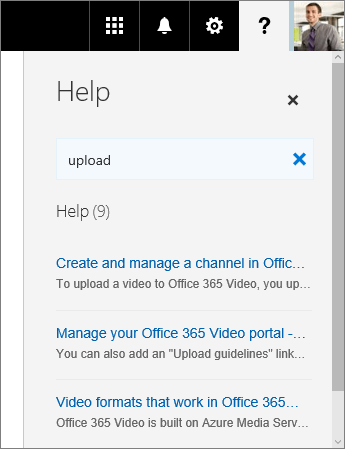 Screenshot of the Office 365 Video Help pane displaying search results for Upload.