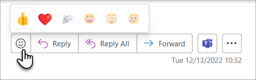 The reactions button and the set of reactions you can select in Outlook.
