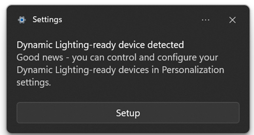 A dialog box telling the user that a Dynamic Lighting-ready device has been detected.