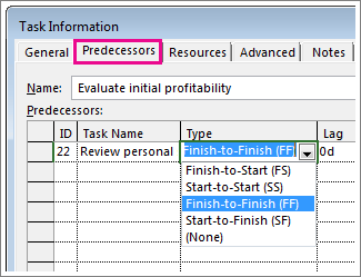 Predecessors tab of the Task Information dialog box