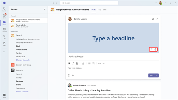 Screenshot showing an announcement template in Teams