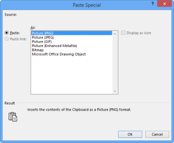 Picture options in the Paste Special dialog box