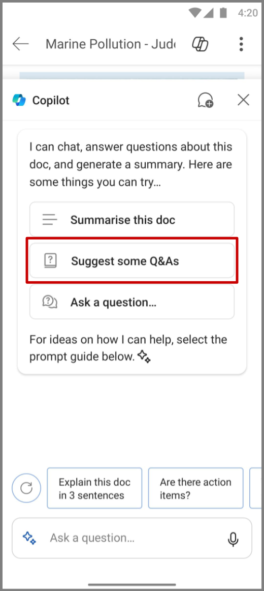 Screenshot of Copilot in Word on Android device with Suggest some Q&As prompt highlighted