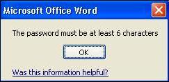 Error message when minimum characters are not met for password