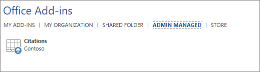 Screenshot shows the Admin Managed tab of the Office Add-ins page in an Office application. The Citations add-in is shown on the tab.