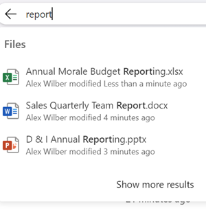 screenshot of onedrive web search results