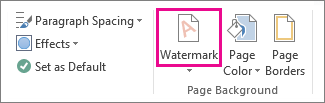 The Watermark command in Word 2013. On the Design tab, click Watermark.