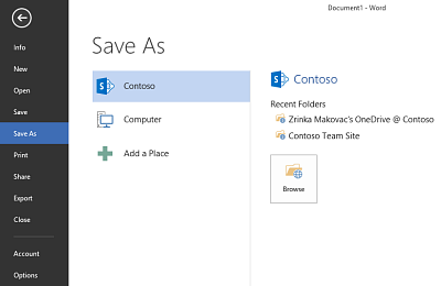 Save screen showing OneDrive for Business and SharePoint site added as a Place