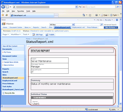 Sample status report form converted into a Web page in Office SharePoint Server 2007