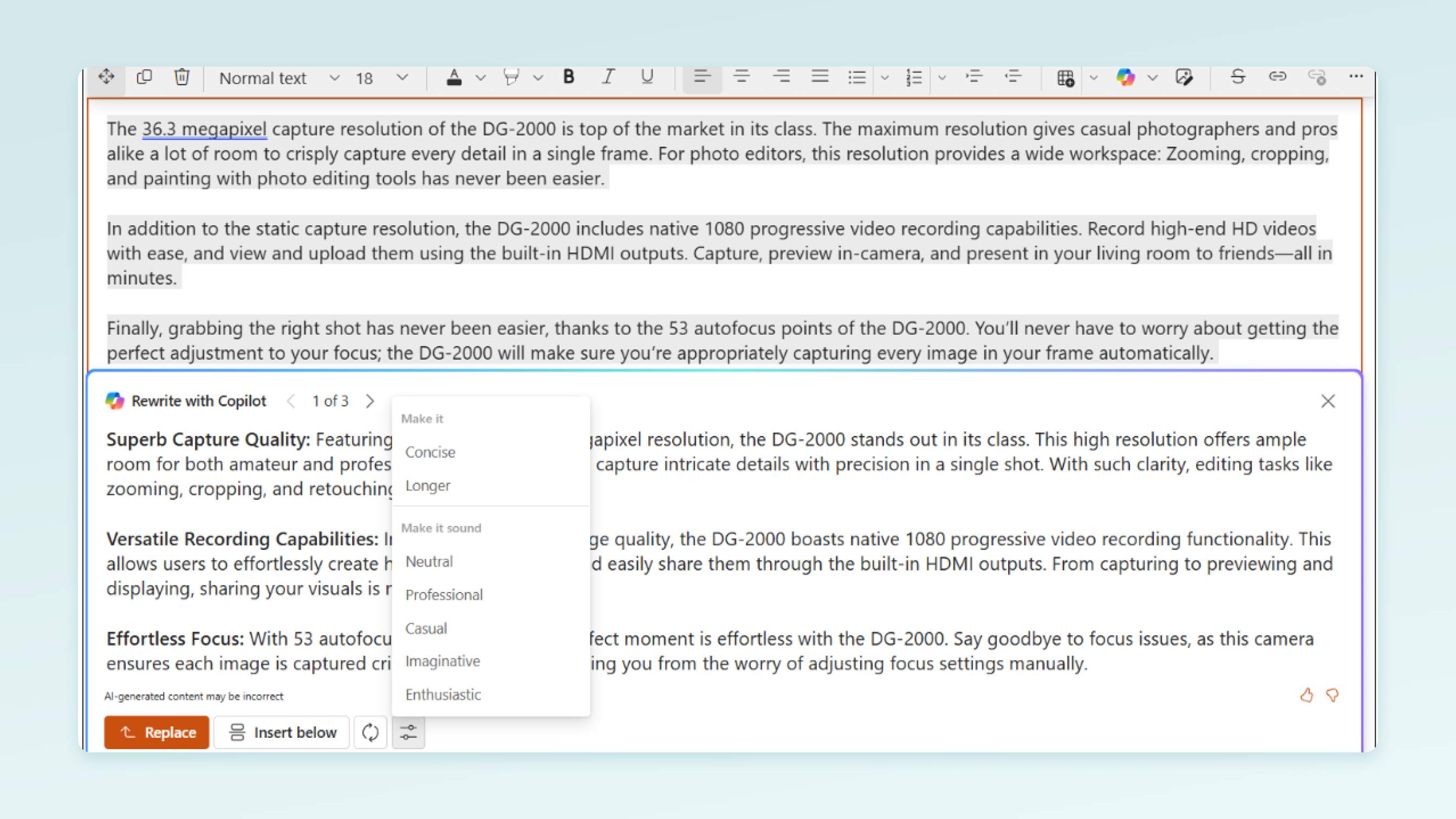 Screenshot of For the landing page write with Copilot in sharepoint rich text editor