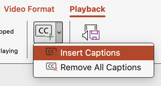 Options of the Insert Captions button in PowerPoint for Mac.