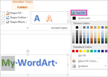 Text Fill Color gallery found on the Drawing Tools Format tab
