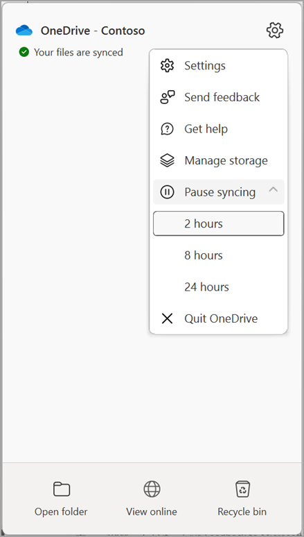 OneDrive settings Pause Sync
