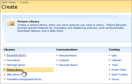 Selecting Picture library from the list of libraries under create