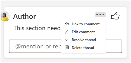 How to reply to, edit, or resolve a comment from the dropdown menu in a comment