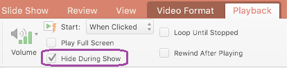 The "Hide During Show" command for playback of PowerPoint videos.