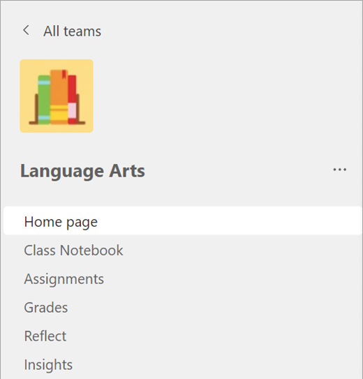 Home page selected in a class team.