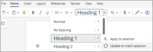 Shows a heading selected in the style list, and on the right, an expanded list with "Update to match selection" highlighted.