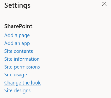 Screenshot showing the SharePoint Change the look menu option.