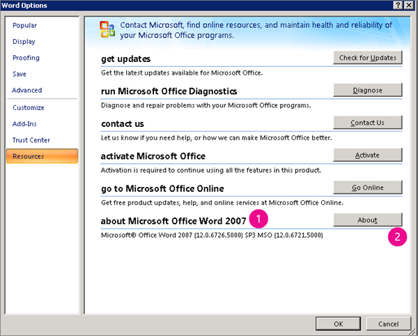 Resources window under Word Options in Word 2007