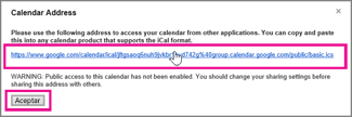 google calendar - cuadro de diálogo dirección del calendario