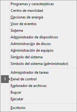 Lista de opciones y comandos después de presionar la tecla del logotipo de Windows + X